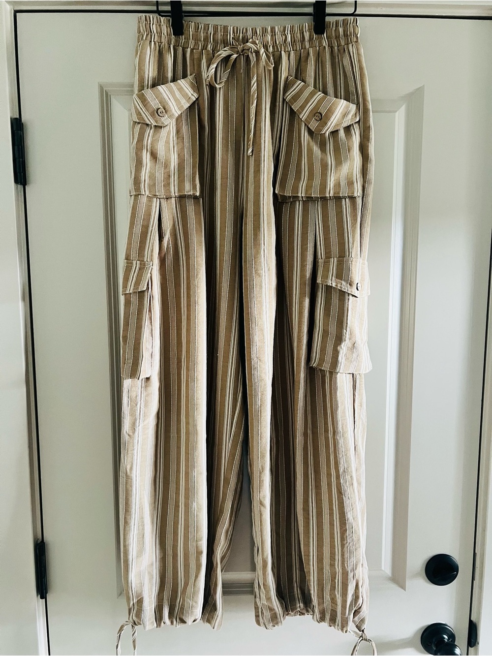 Striped Beige Cargo Drawstring Pants - Women